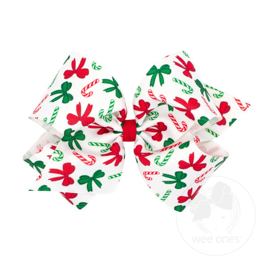 King Christmas Candy Cane Print Grosgrain Hair Bow