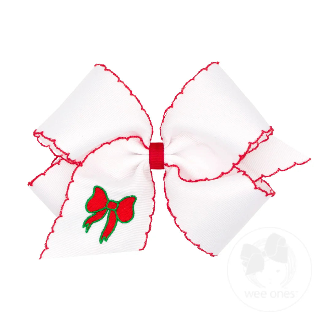 King Grosgrain Hair Bow with Moonstitch Edge and Christmas Bow Embroidery