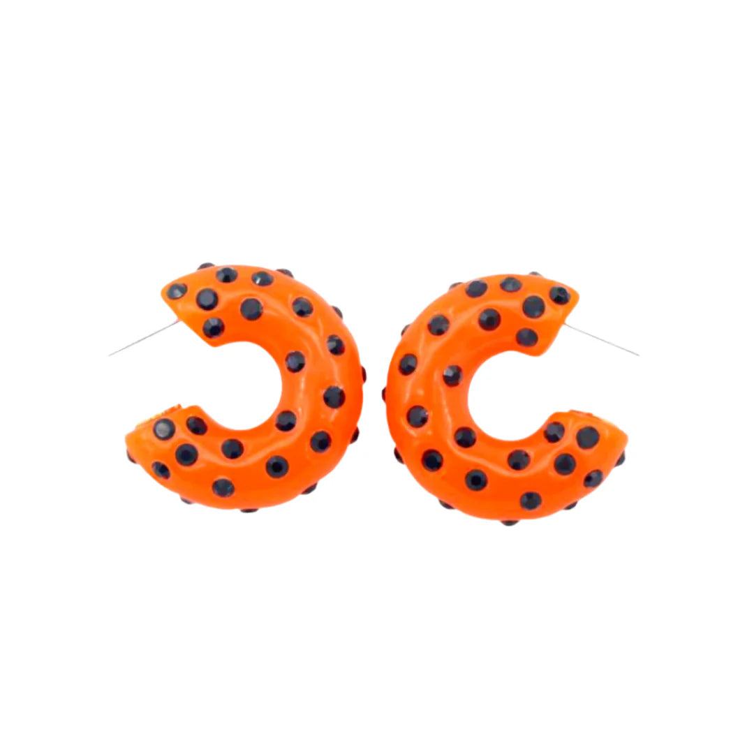 Neon Orange Huggie Hoop Earrings with Black Crystals