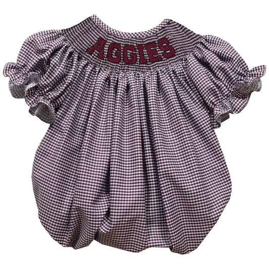 Texas A&M Smocked Maroon Gingham Short Sleeve Girls Bubble