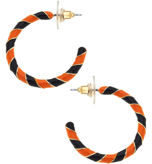 Twisted Enamel Hoop Earrings in Orange & Black