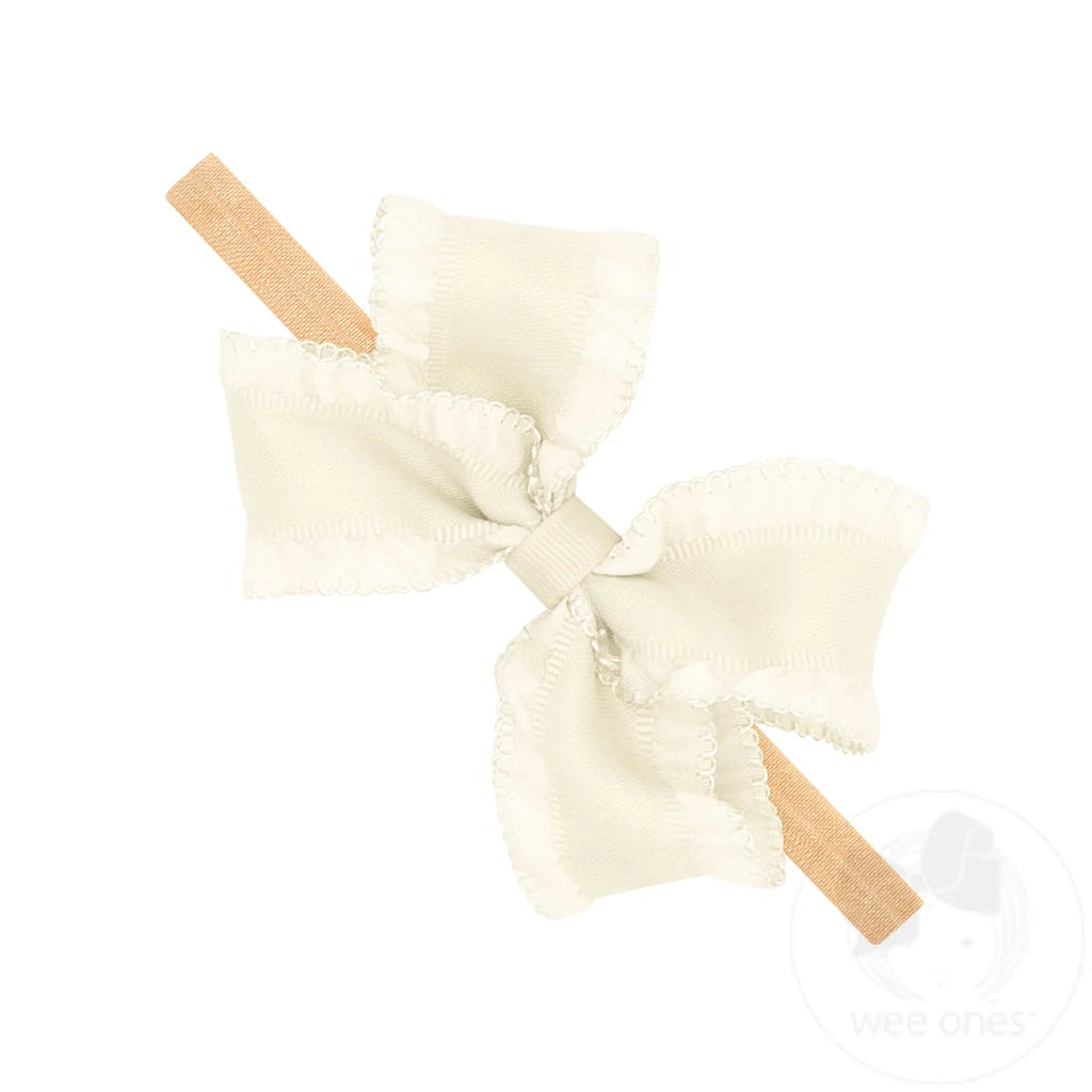 Medium Ruffle Edge Satin Grosgrain Underlay Bow on Baby Band | Antique White