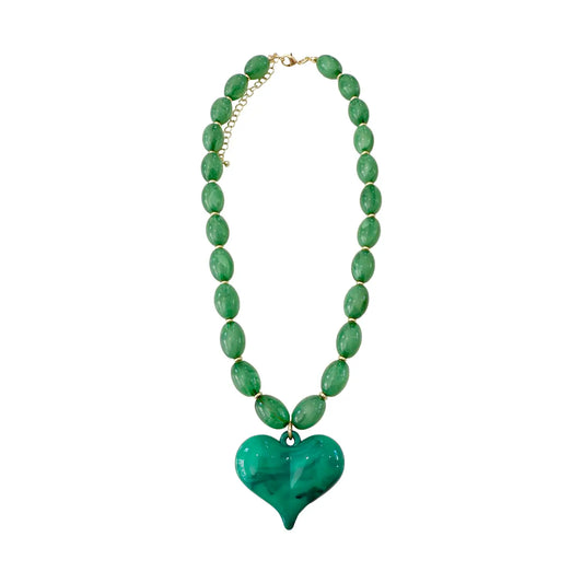Roxie Green Beaded Necklace with Heart Charm