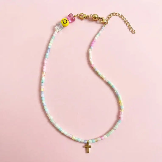 Beaded Necklace - Pastels w/ Gold Cross - Izzy