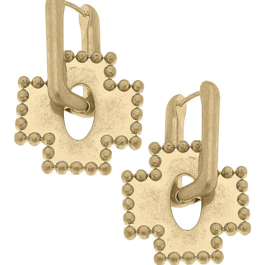 Kaki Beaded Cross Drop Earrings in Worn Gold