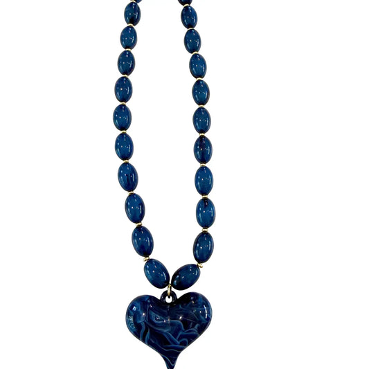 Roxie Navy Beaded Necklace with Heart Charm
