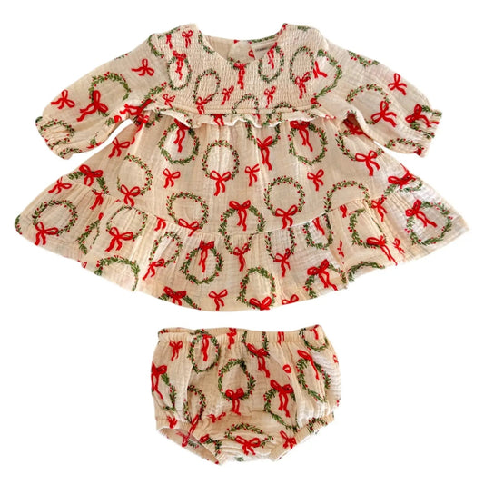 Smocked Ruffle Tiered Dress & Bloomer, Wreath