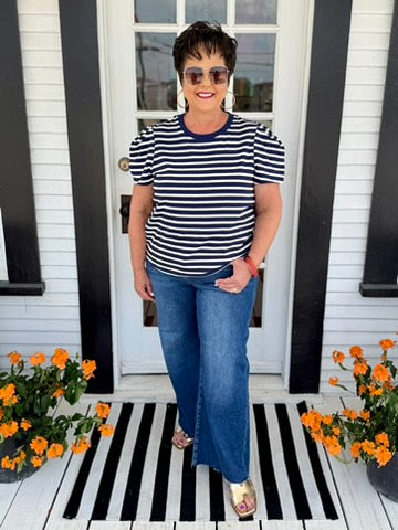 Larissa Pleat Sleeve Tee | Navy + White Stripe