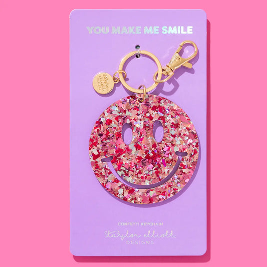 Keychain - Happy Face - Pink + Silver Confetti