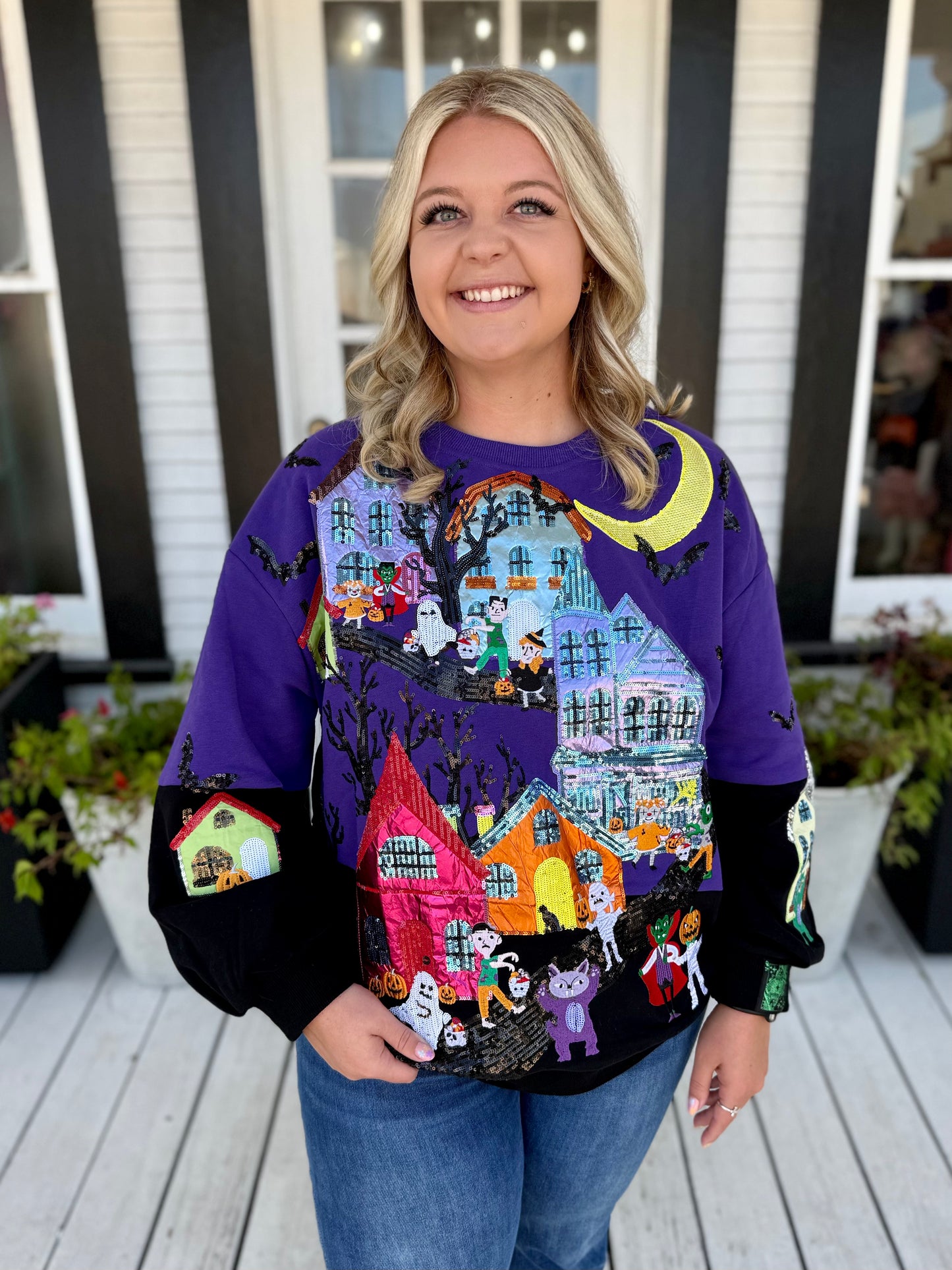 QOS Purple Trick Or Treat Halloween Scene Sweatshirt