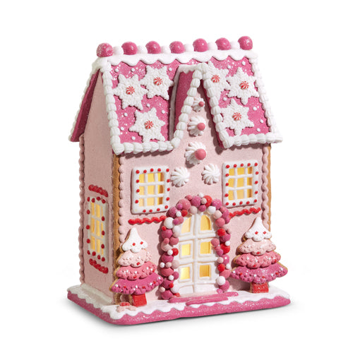 13" Lighted Pink Gingerbread House