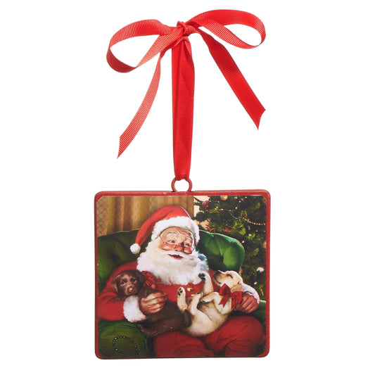 5" Santa with Puppies Square Ornament