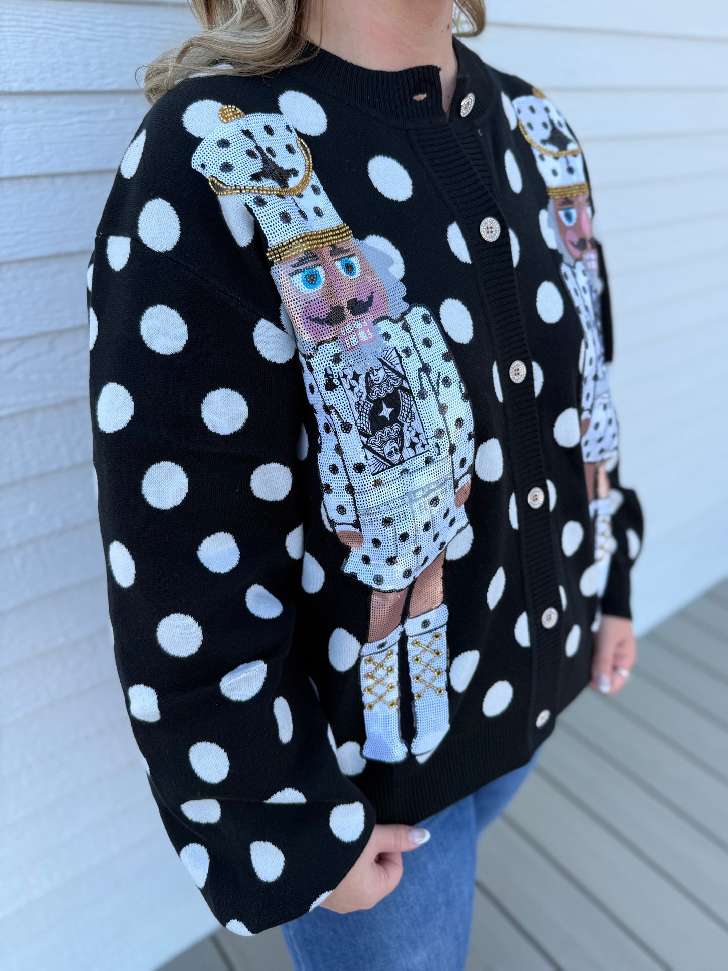 QOS Black & White Polka Dot Nutcracker Button Up Cardigan