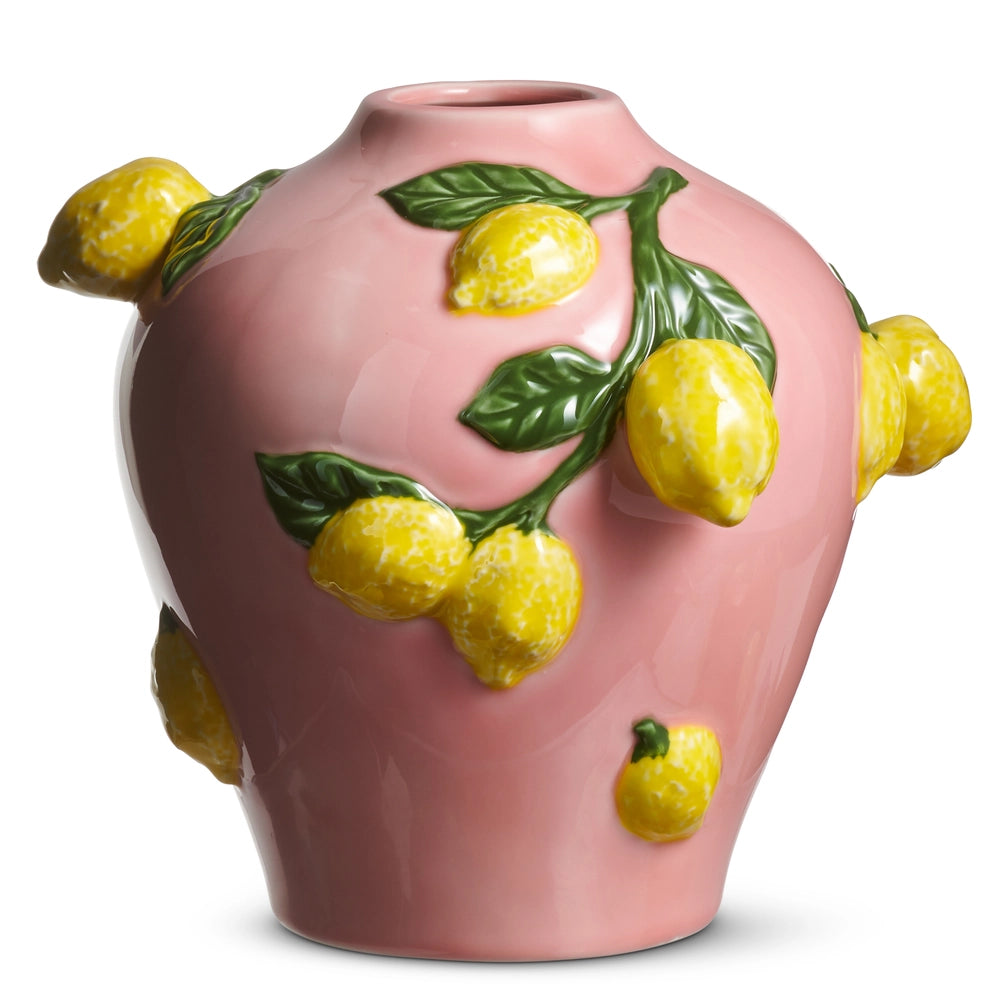 9.5" Pink Vase with Lemons