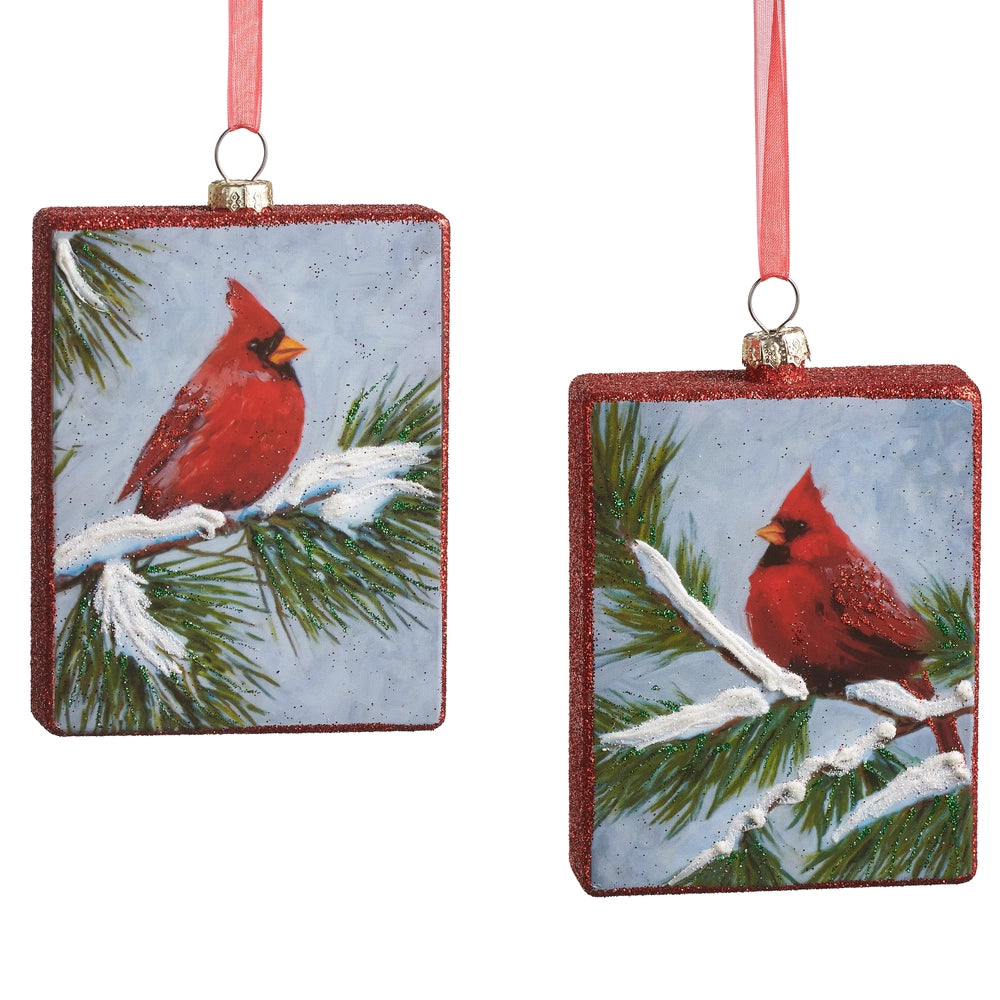 4.25" Cardinal on Pine Square Ornament