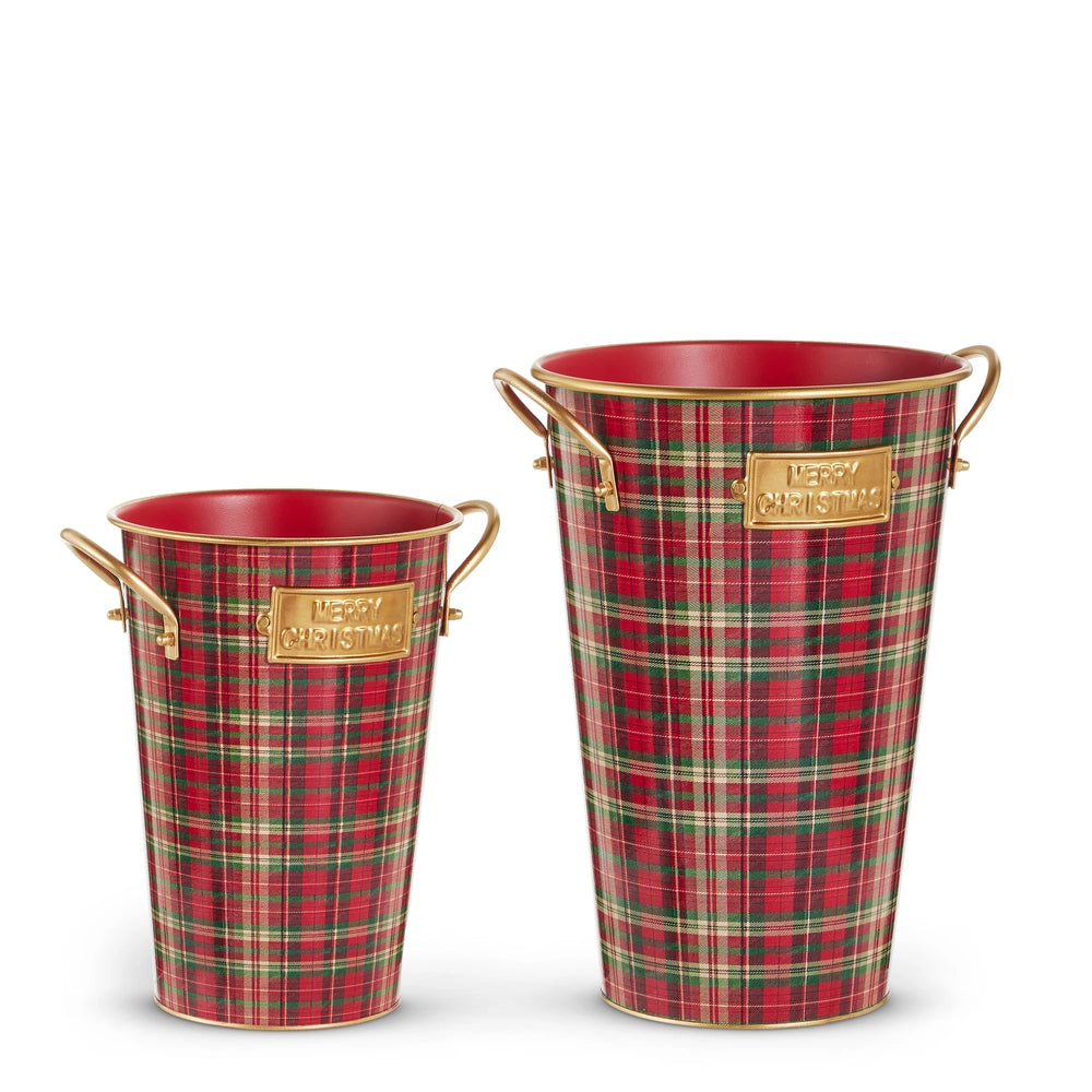 13" Red, Green and Gold Plaid Bucket Decor