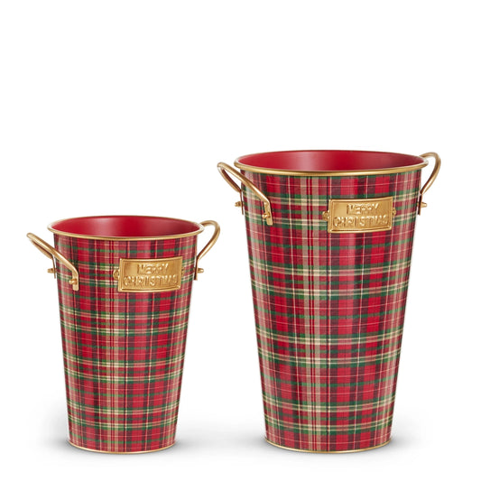 13" Red, Green and Gold Plaid Bucket Decor