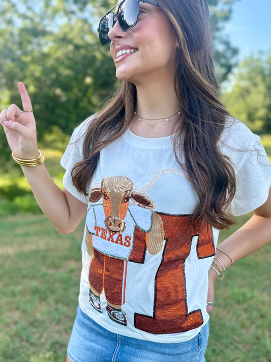 Licensed Texas Mascot Leaning on Letter Tee