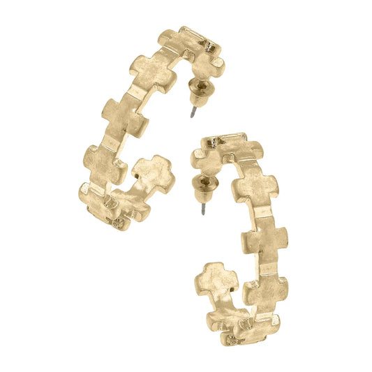 Edith Square Cross Hoop Earrings in Worn Gold