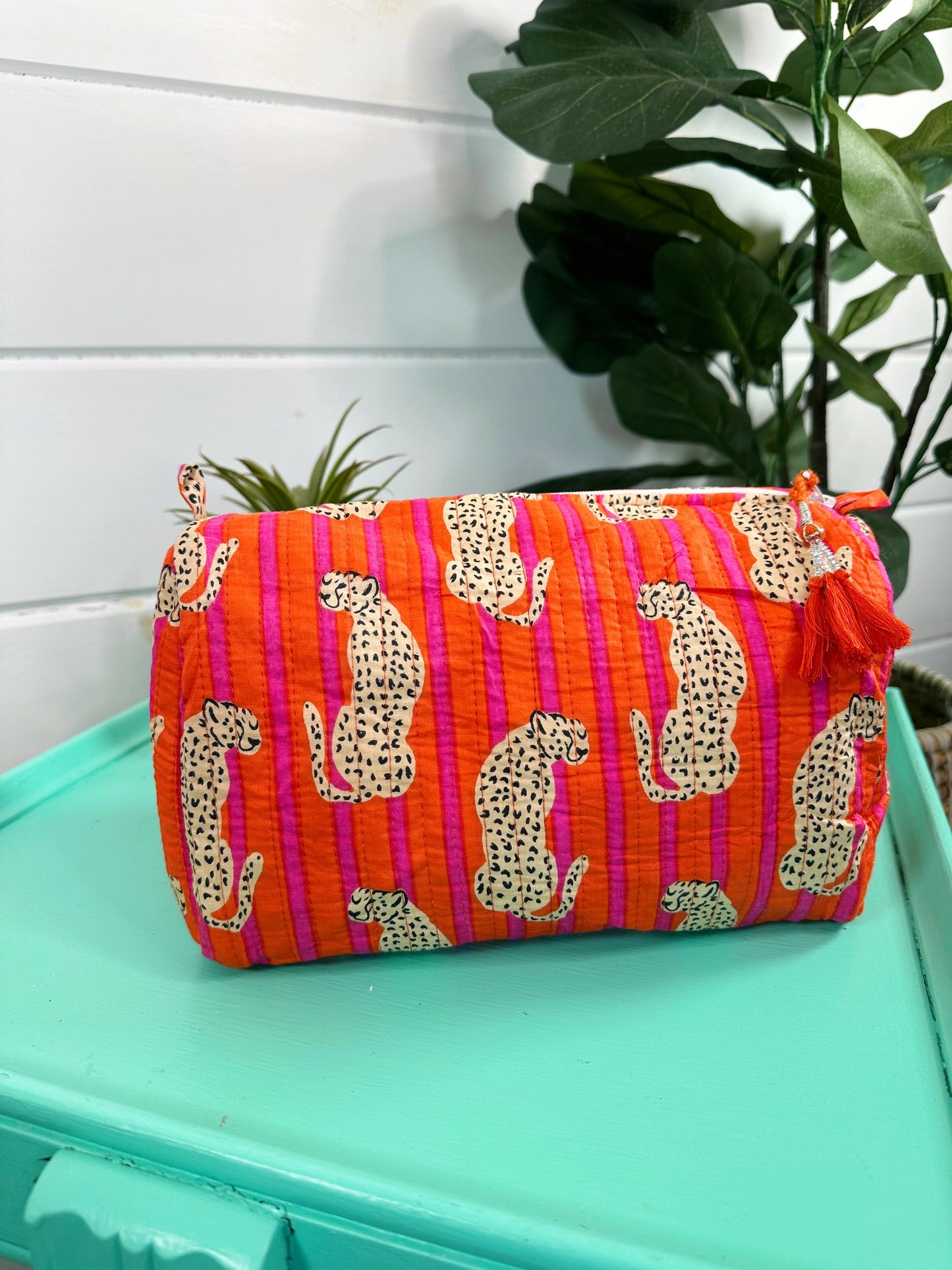 Quilted Makeup Cosmetics Toiletry Bag - Orange Pink Jaguars