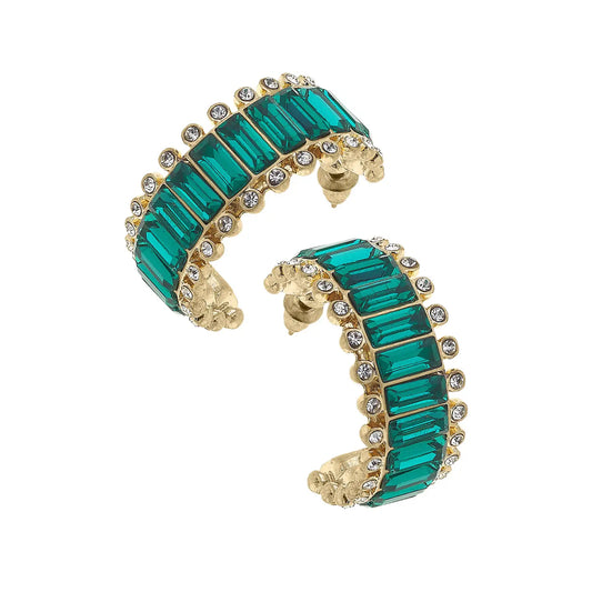 Katherine Rhinestone Baguette Hoop Earrings | Green