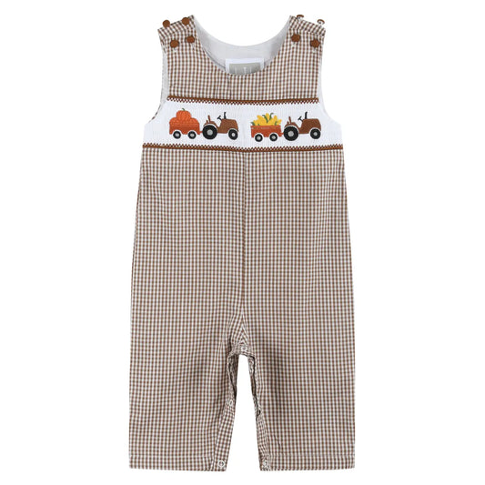 Brown Gingham Pumpkin and Corn Tractor Smocked Overalls