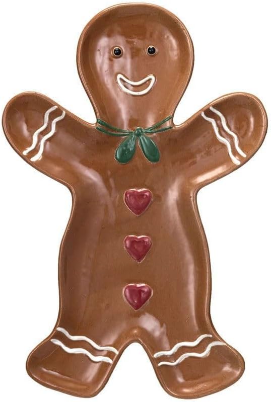 Stoneware Gingerbread Man Shaped Platter with Heart Buttons