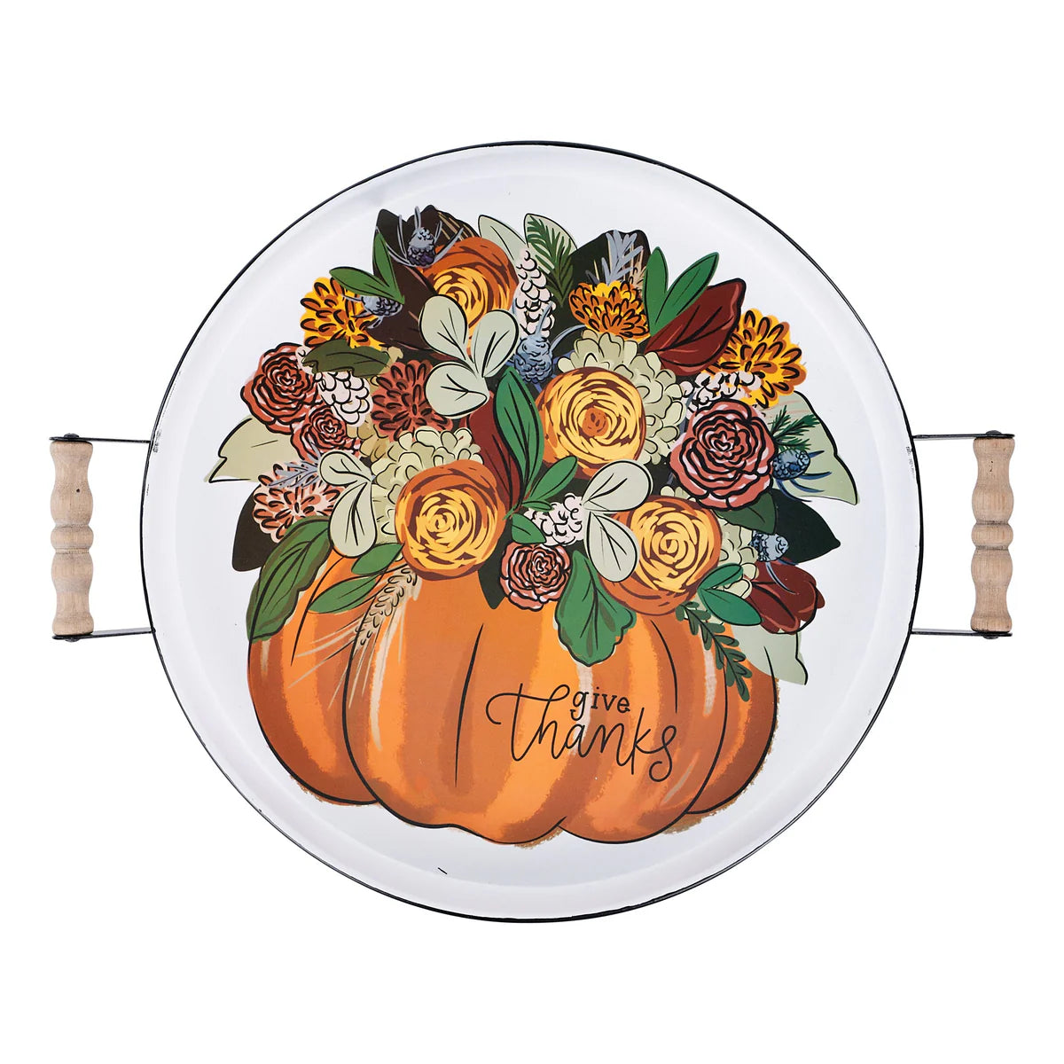 Give Thanks Floral Pumpkin Enamel Tray