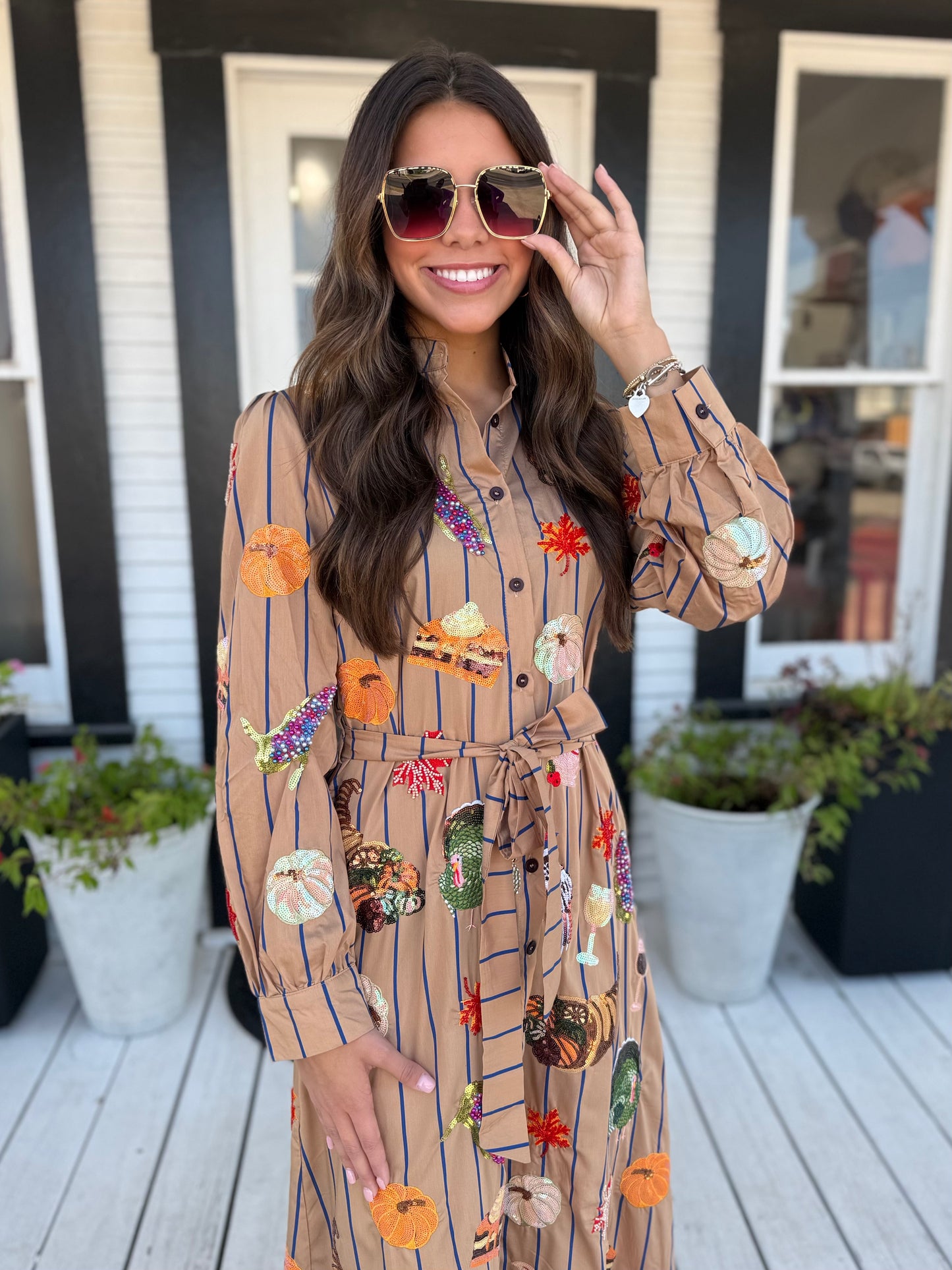 QOS | Light Brown Striped Thanksgiving Icon Cotton Midi Tee Dress