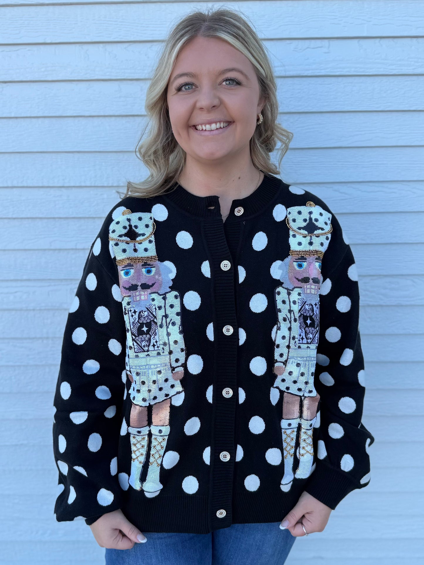 QOS Black & White Polka Dot Nutcracker Button Up Cardigan