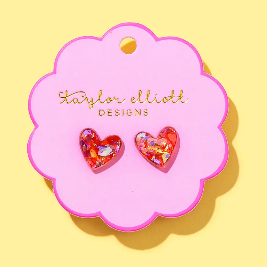 Stud Earrings - Acrylic Hearts - Red + Pink Confetti