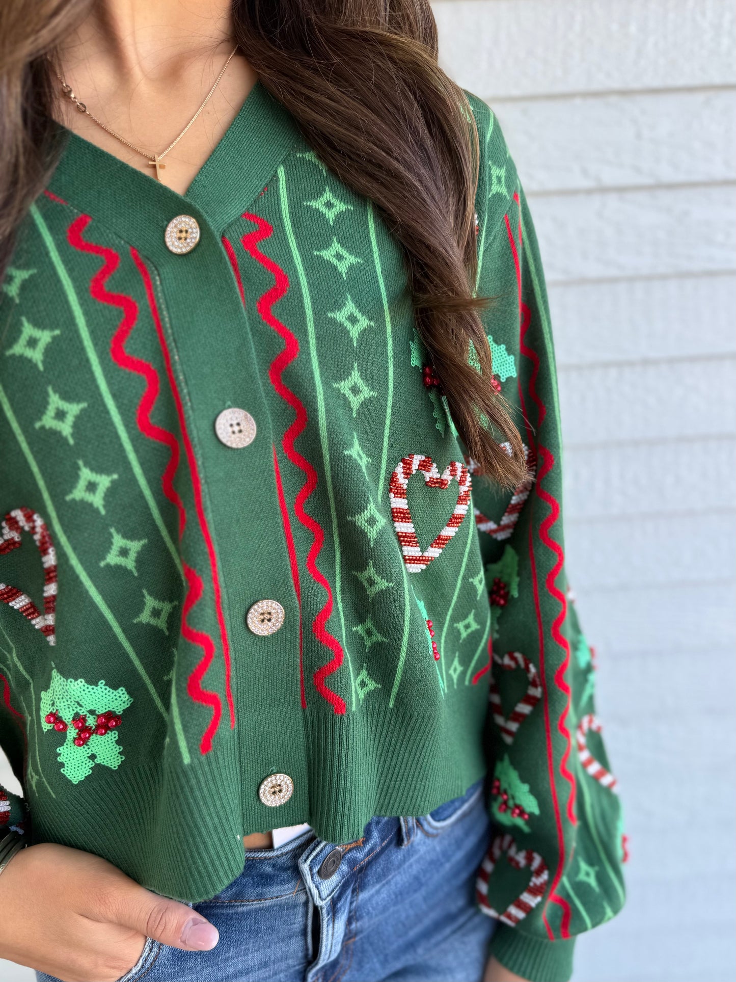 QOS Green 3D Holly & Peppermint Cardigan