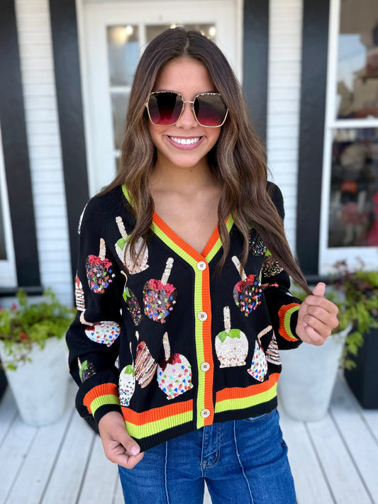QOS Multi Candy Apples Button Up Cardigan
