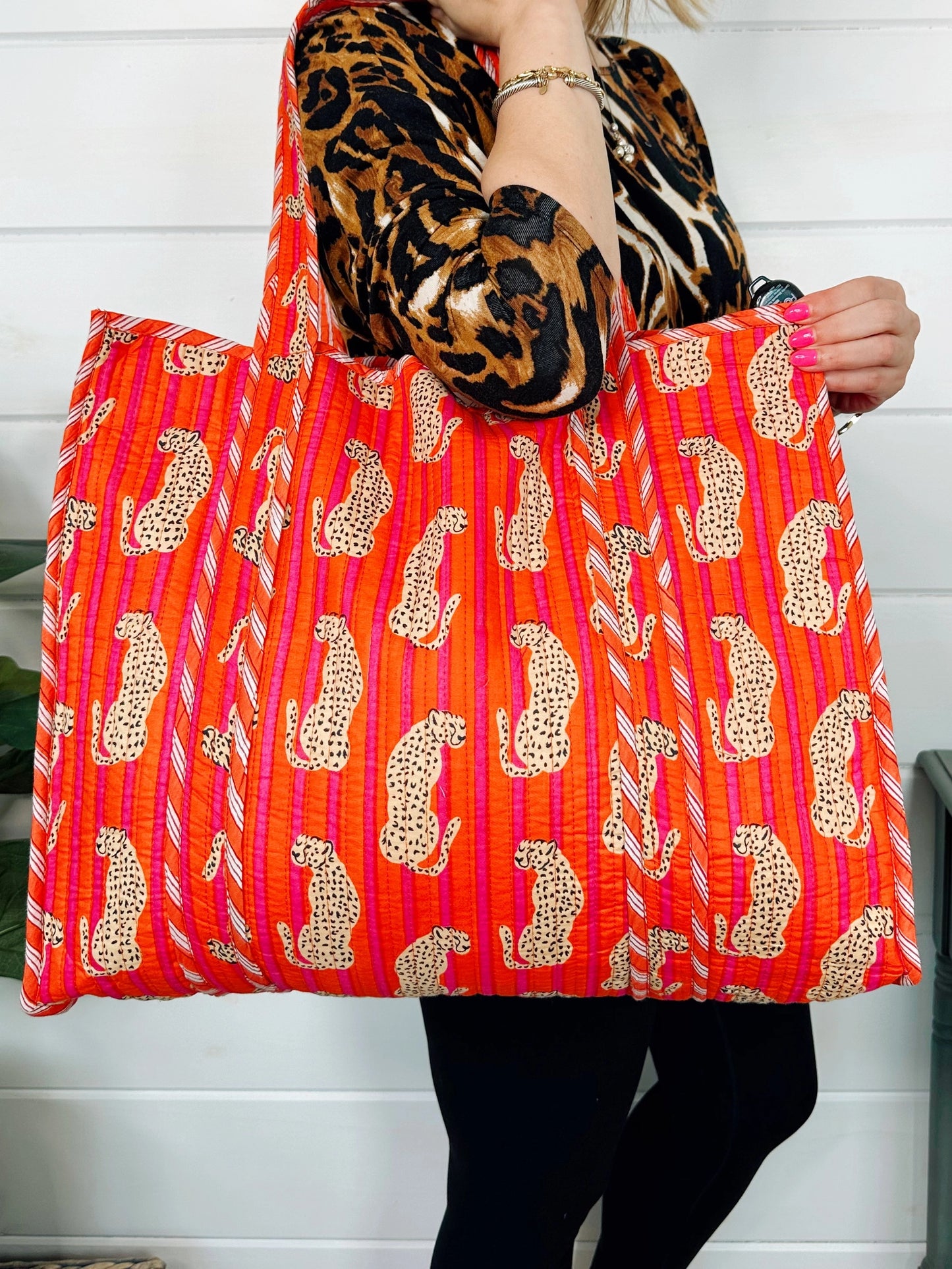 Cotton Quilted Large Shopping Tote Bag - Orange Pink Jaguars