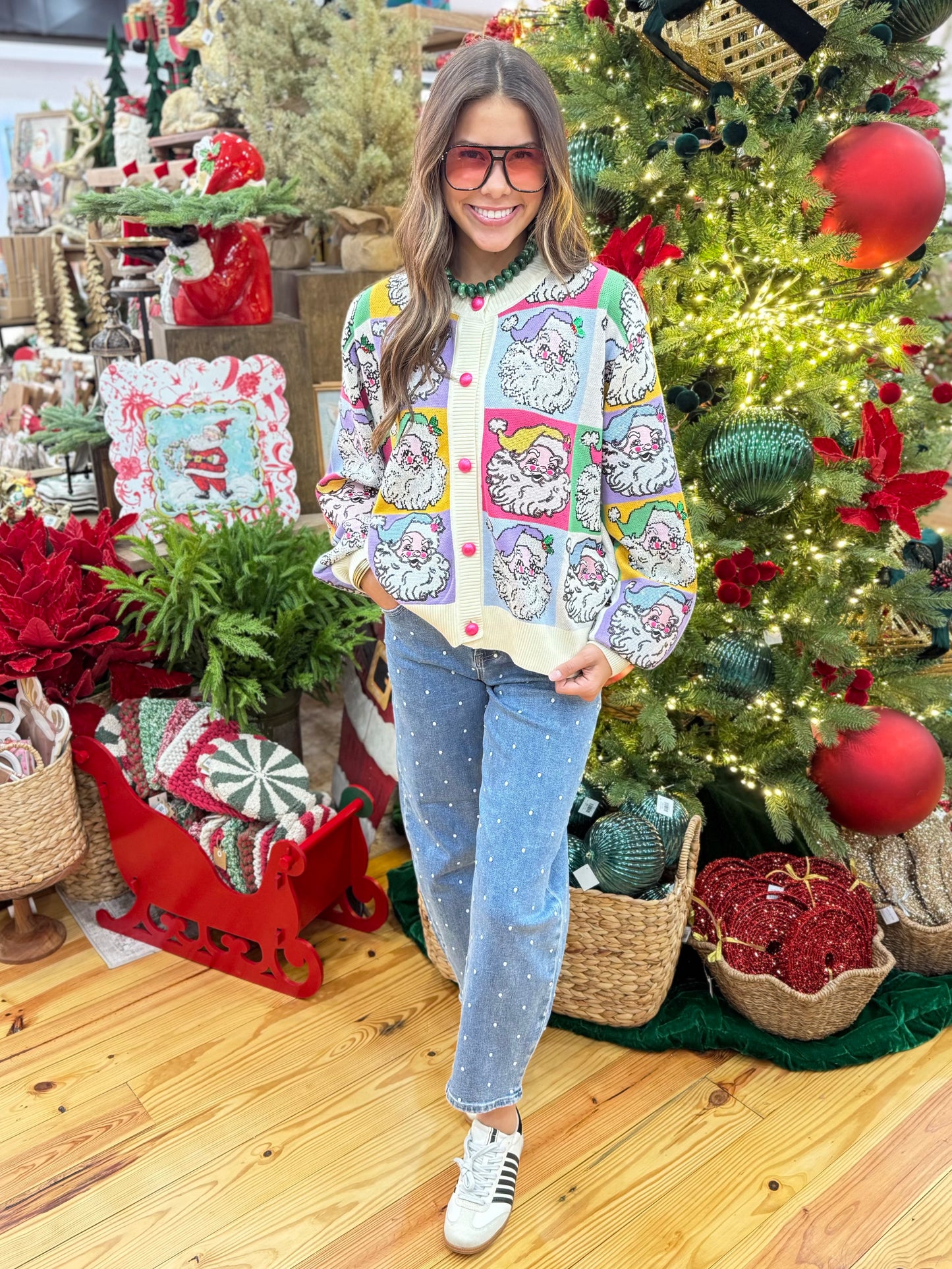 QOS | Pastel Colorblock Santa Button Up Cardigan