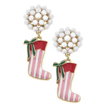 Stocking Stuffer Pearl Cluster Enamel Earrings in Pink & Red