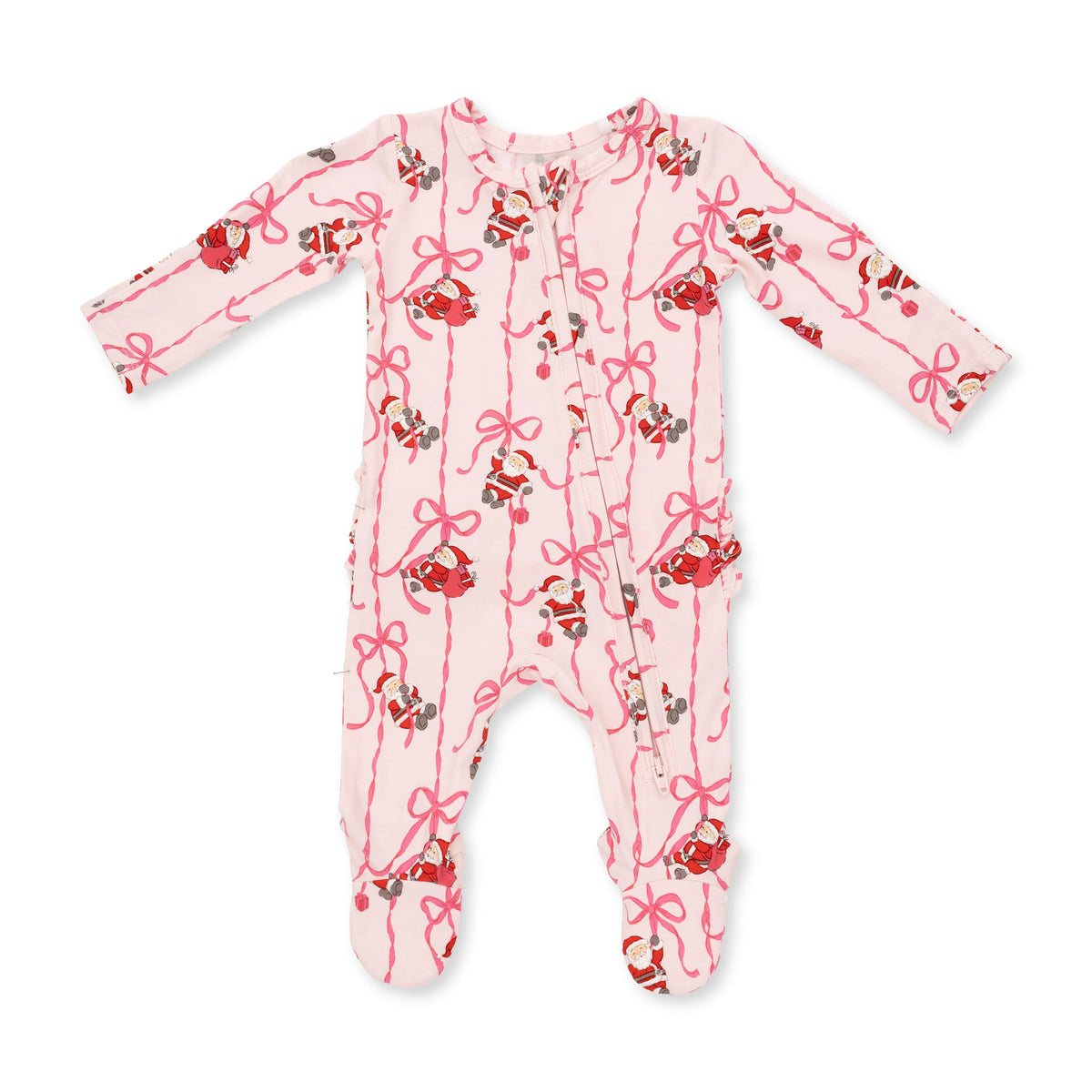 Bows & Santa I 2 Way Ruffle Back Zipper Footie