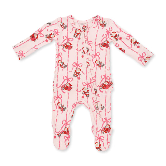Bows & Santa I 2 Way Ruffle Back Zipper Footie