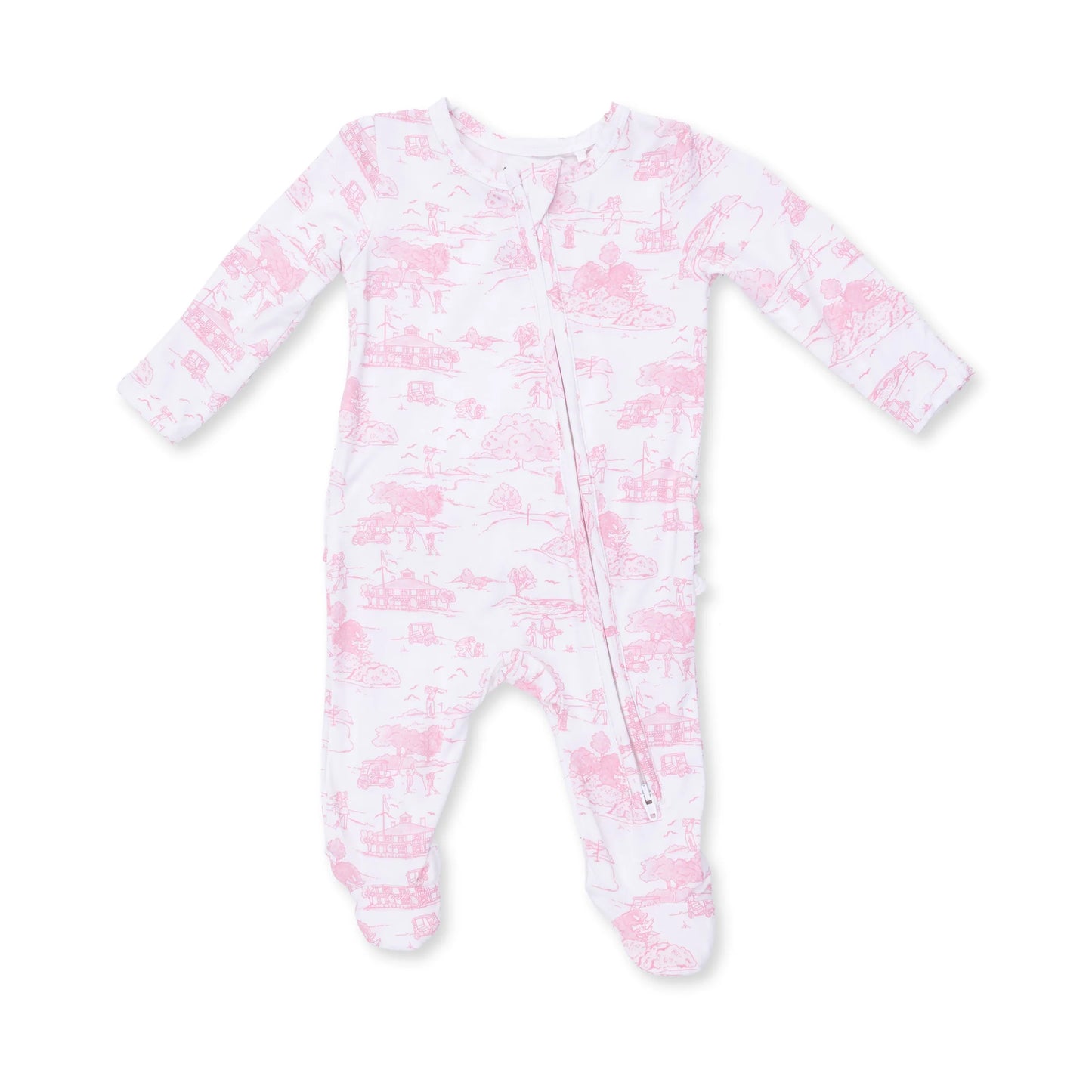 Golf Toile Pink | 2 Way Ruffle Back Zipper Footie