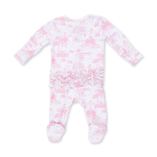 Golf Toile Pink | 2 Way Ruffle Back Zipper Footie