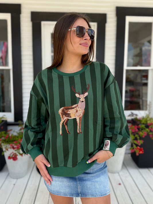 QOS Green Striped Deer Sweatshirt