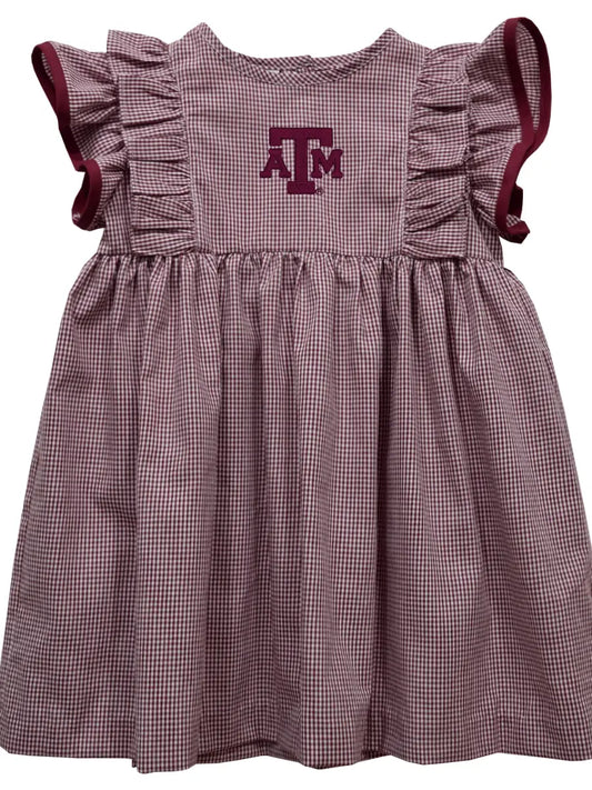 Texas A&M Aggies Embroied Maroon Gingham Girls Ruffle Dress