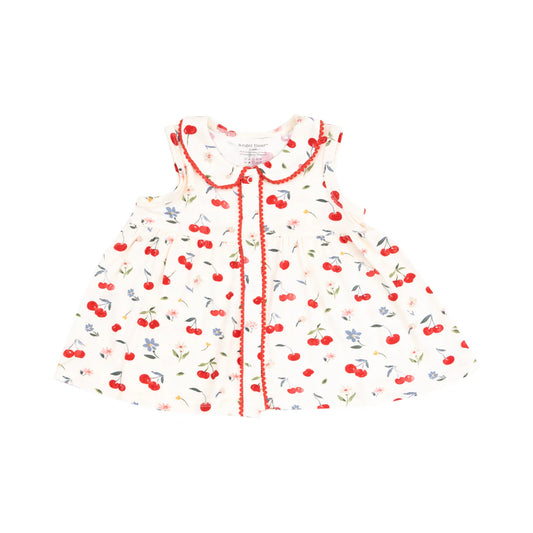 The Jill- Peter Pan Button Front Dress with Ric Rac Trim - Watercolor Cherries