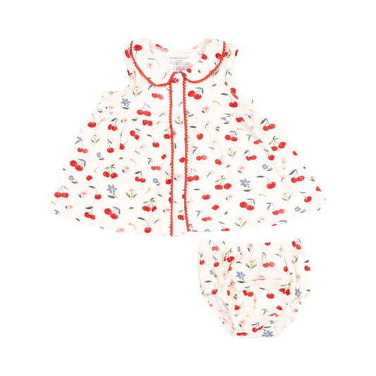 The Jill- Peter Pan Button Front Dress with Ric Rac Trim - Watercolor Cherries