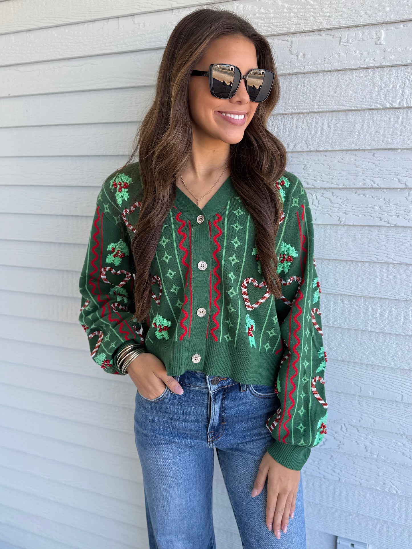QOS Green 3D Holly & Peppermint Cardigan