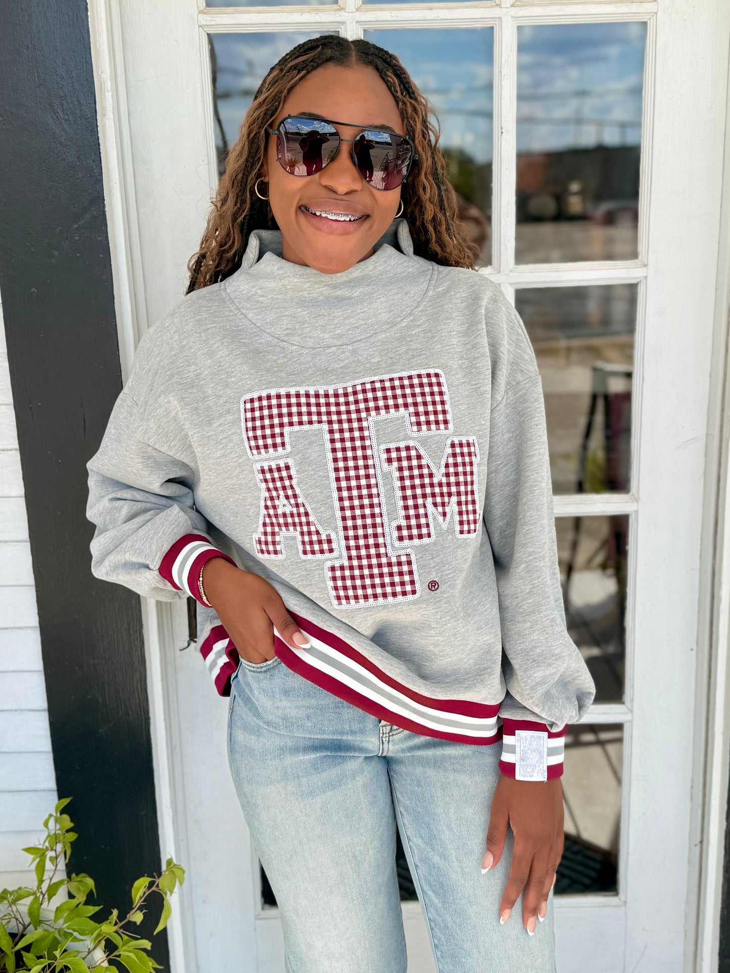 QOS | Licensed Texas A&M Grey Gingham Mascot Mock Neck Sweatshirt