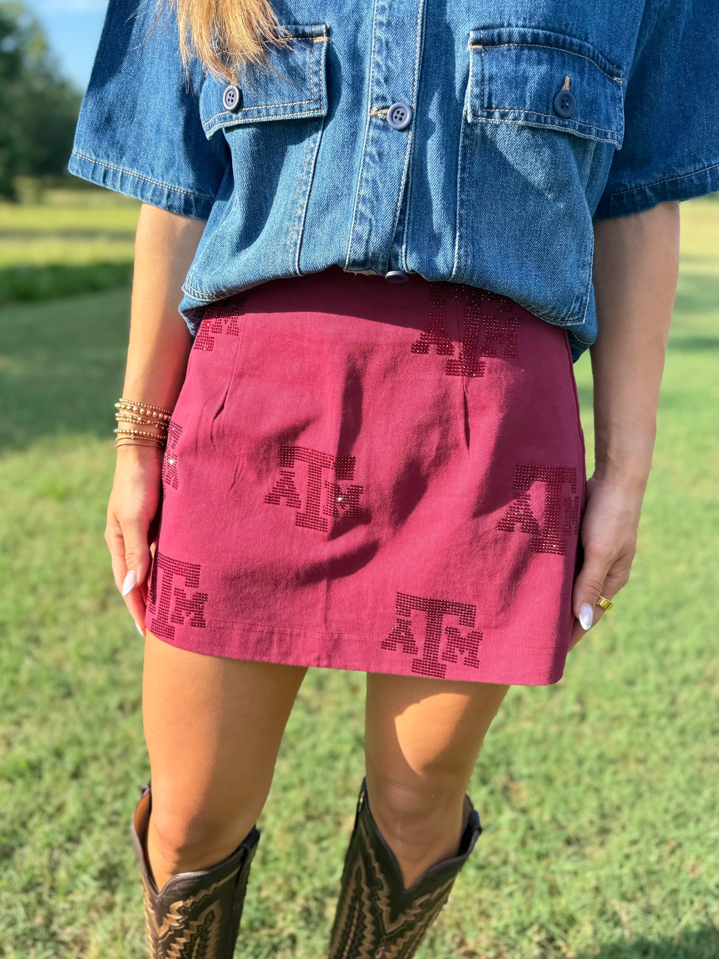 QOS Licensed Texas A&M Tonal Rhinestone Scattered Abbreviation Skirt