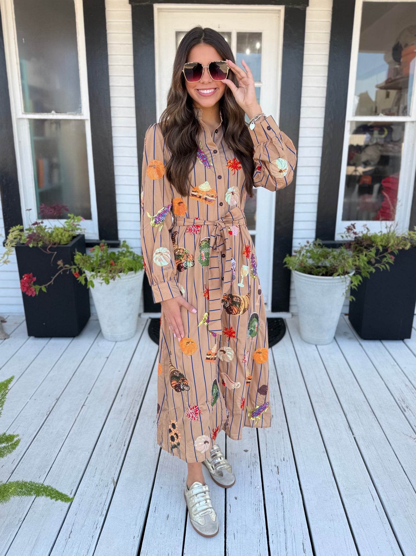QOS | Light Brown Striped Thanksgiving Icon Cotton Midi Tee Dress