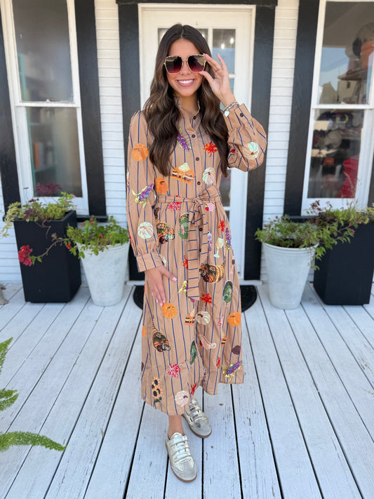 QOS | Light Brown Striped Thanksgiving Icon Cotton Midi Tee Dress