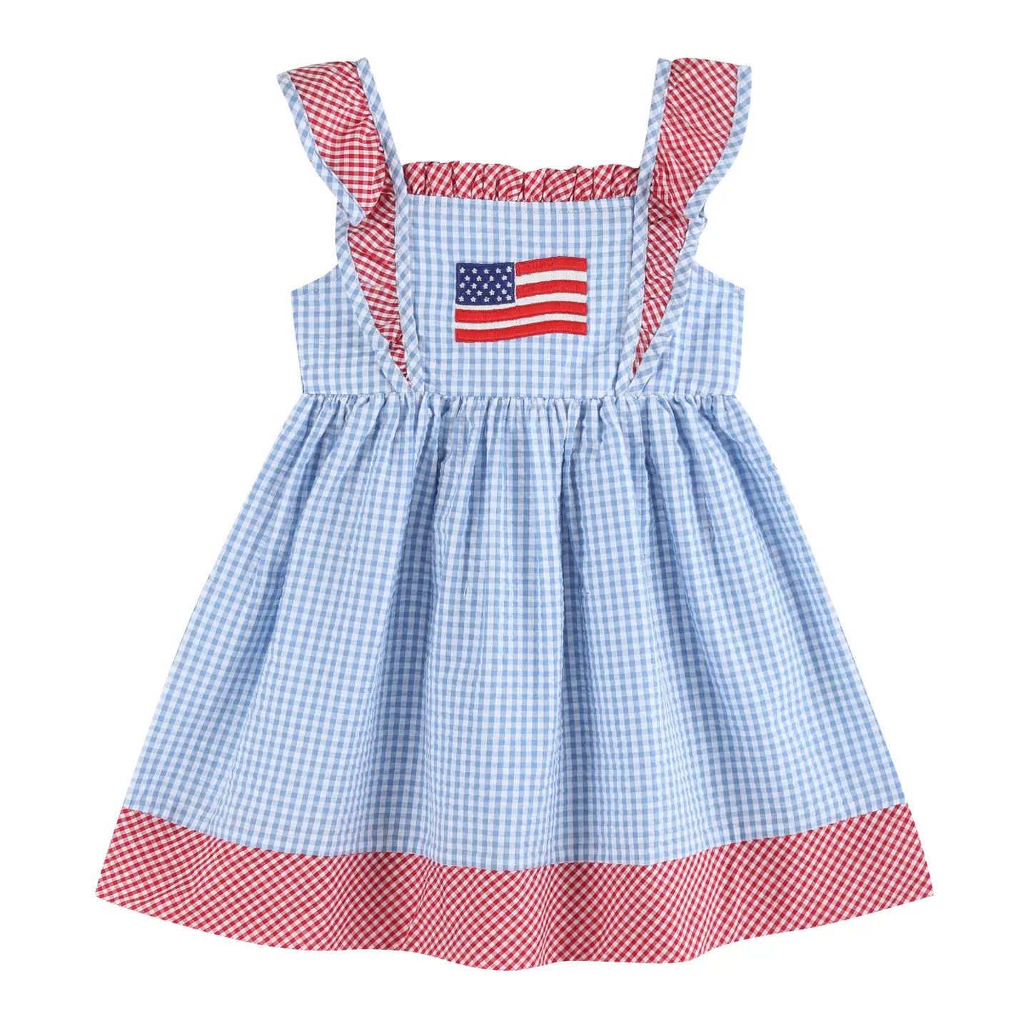 Blue Gingham American Flag Ruffle Dress